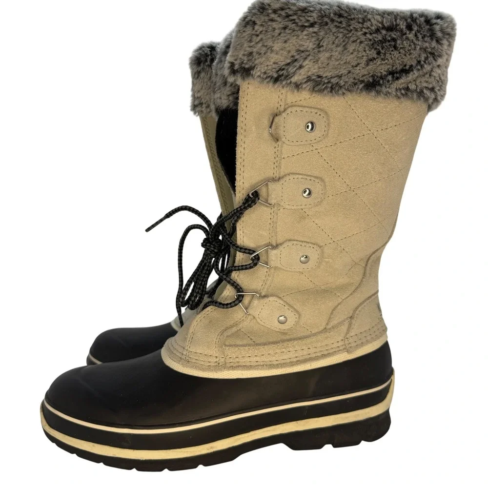 Khombu Emily Womens Tan Black Faux Fur Quilted Winter Snow Duck Boots Size 9M